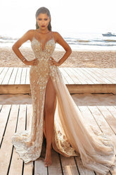 Beautiful Long Mermaid Spaghetti Straps V-neck Tulle Lace Appliques Prom Dresses